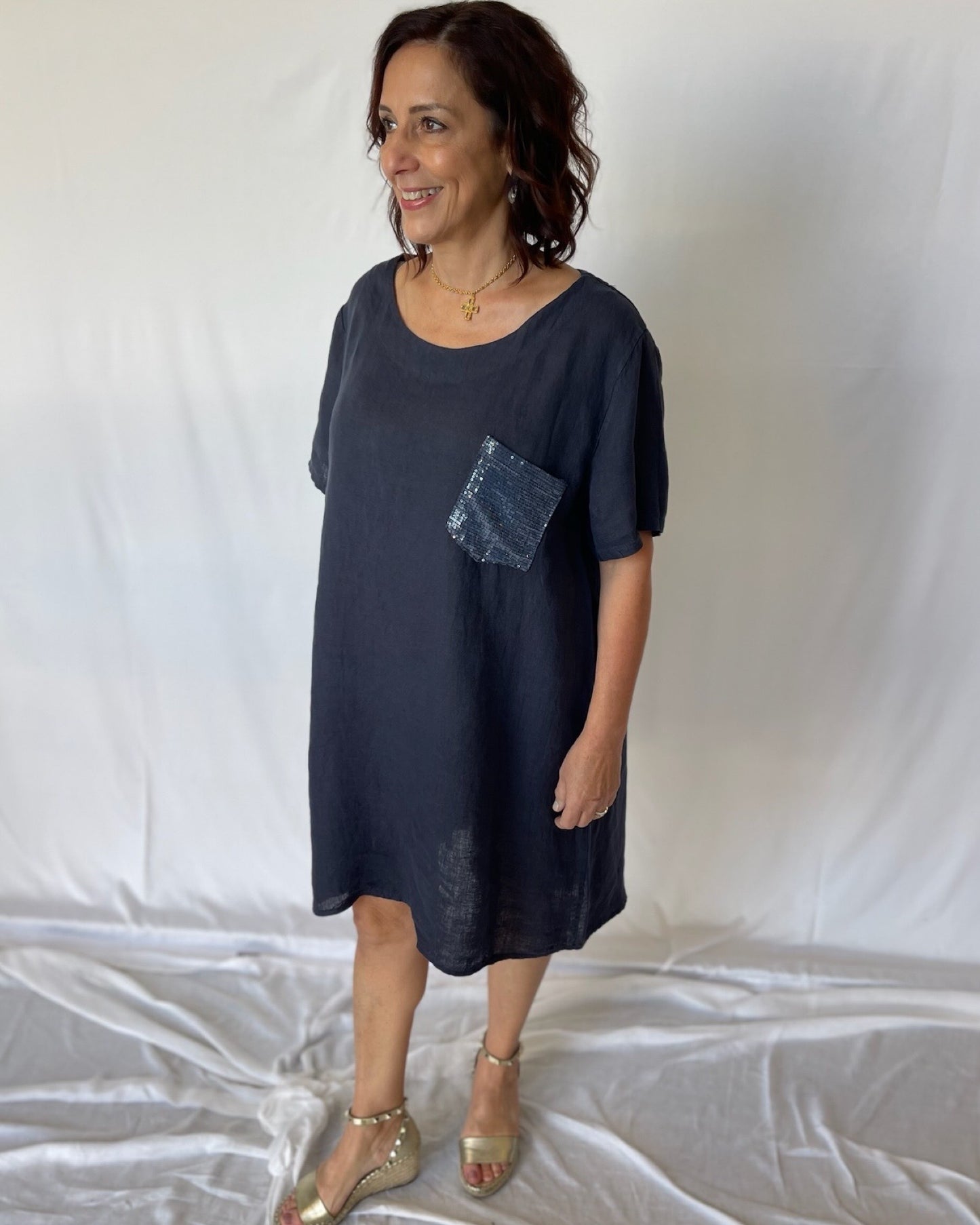 Sequin Swing Linen Dress-Navy