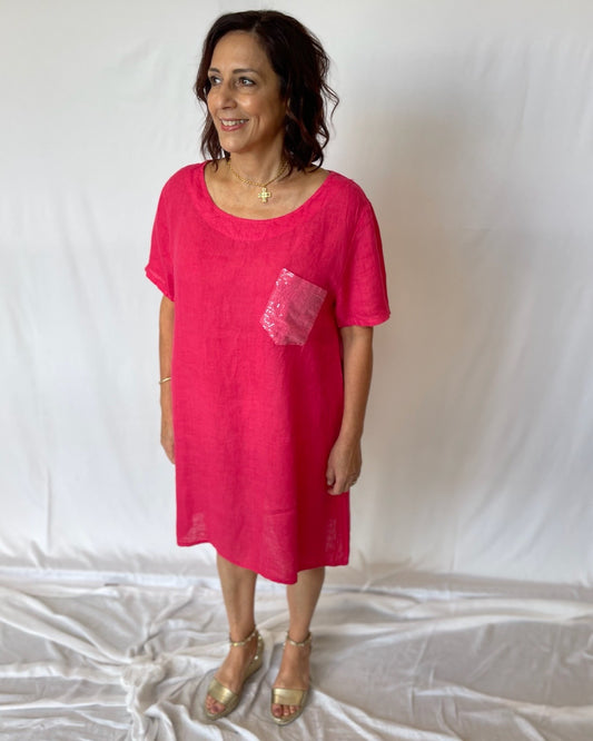 Sequin Swing Linen Dress-Raspberry