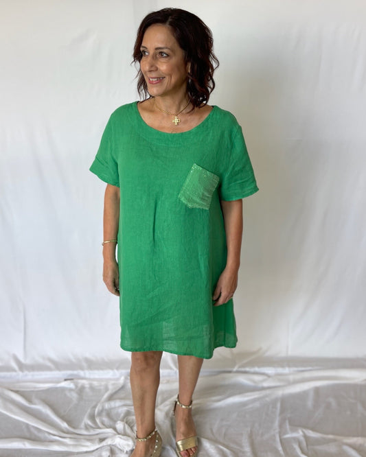 Sequin Swing Linen Dress-Emerald