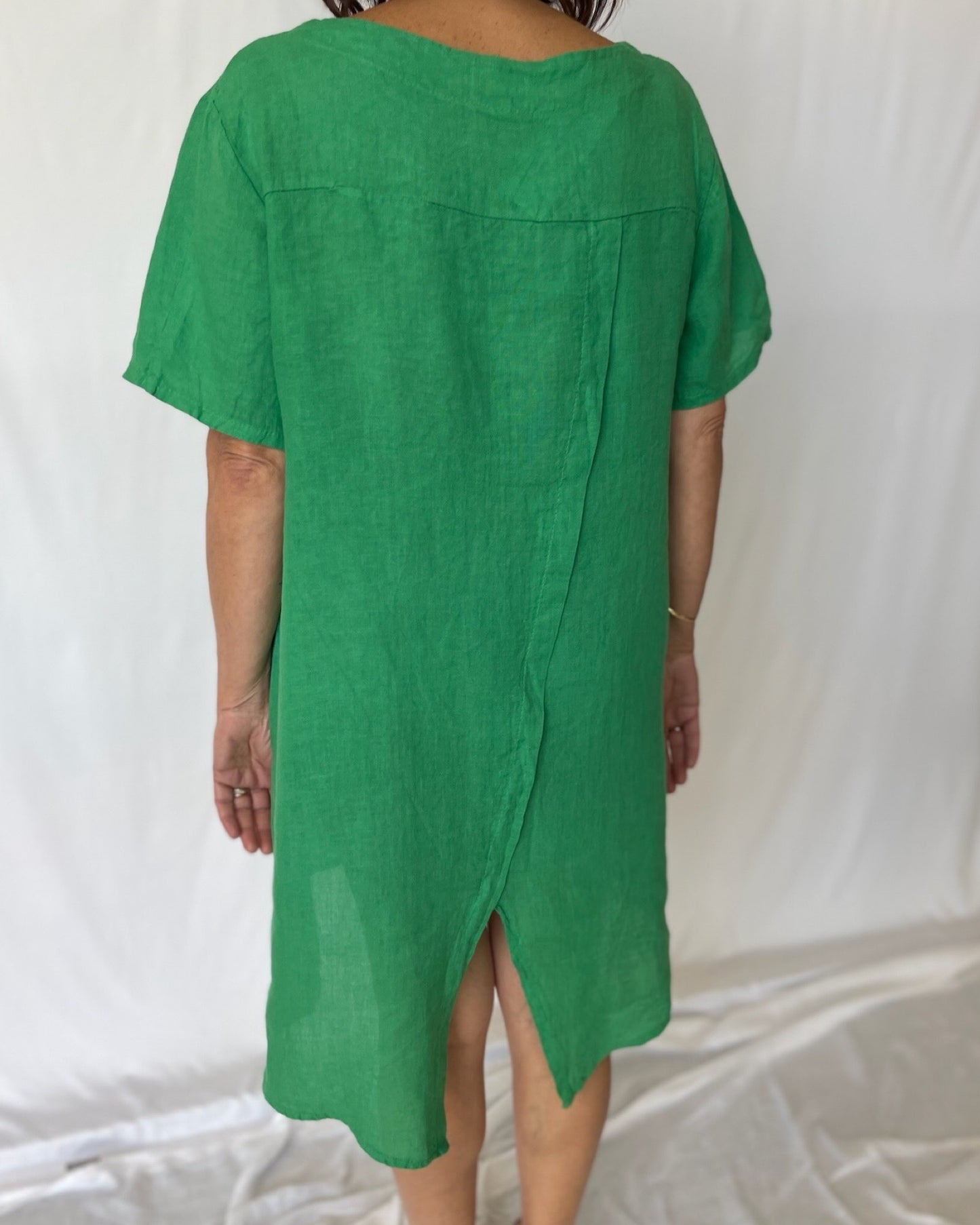 Sequin Swing Linen Dress-Emerald