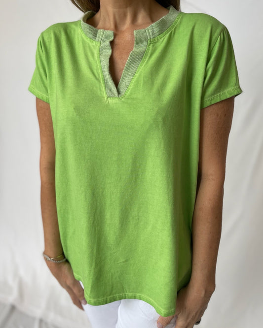 Cotton Top w V Neck Lurex - Lime