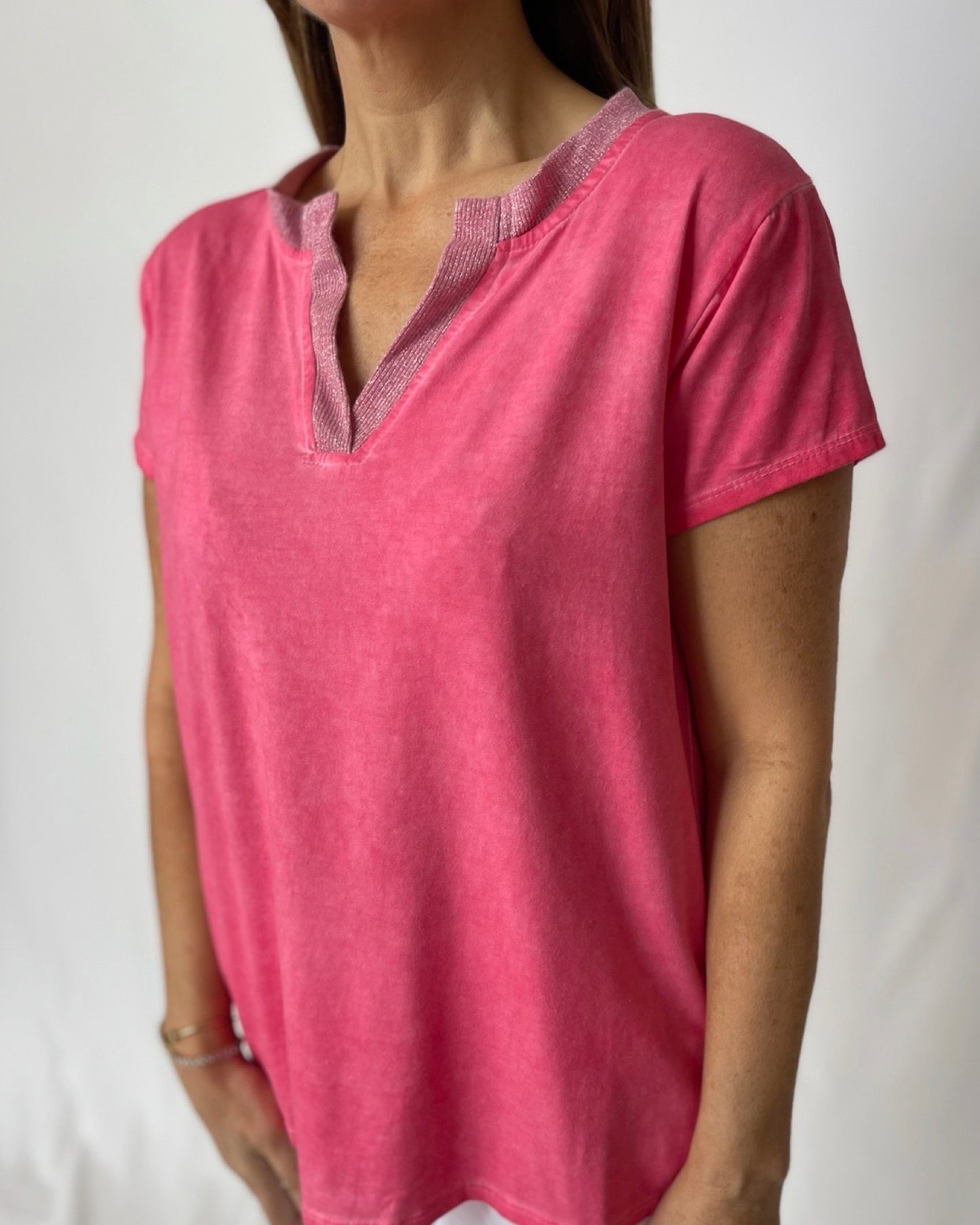 Cotton Top w V Neck Lurex - Melon