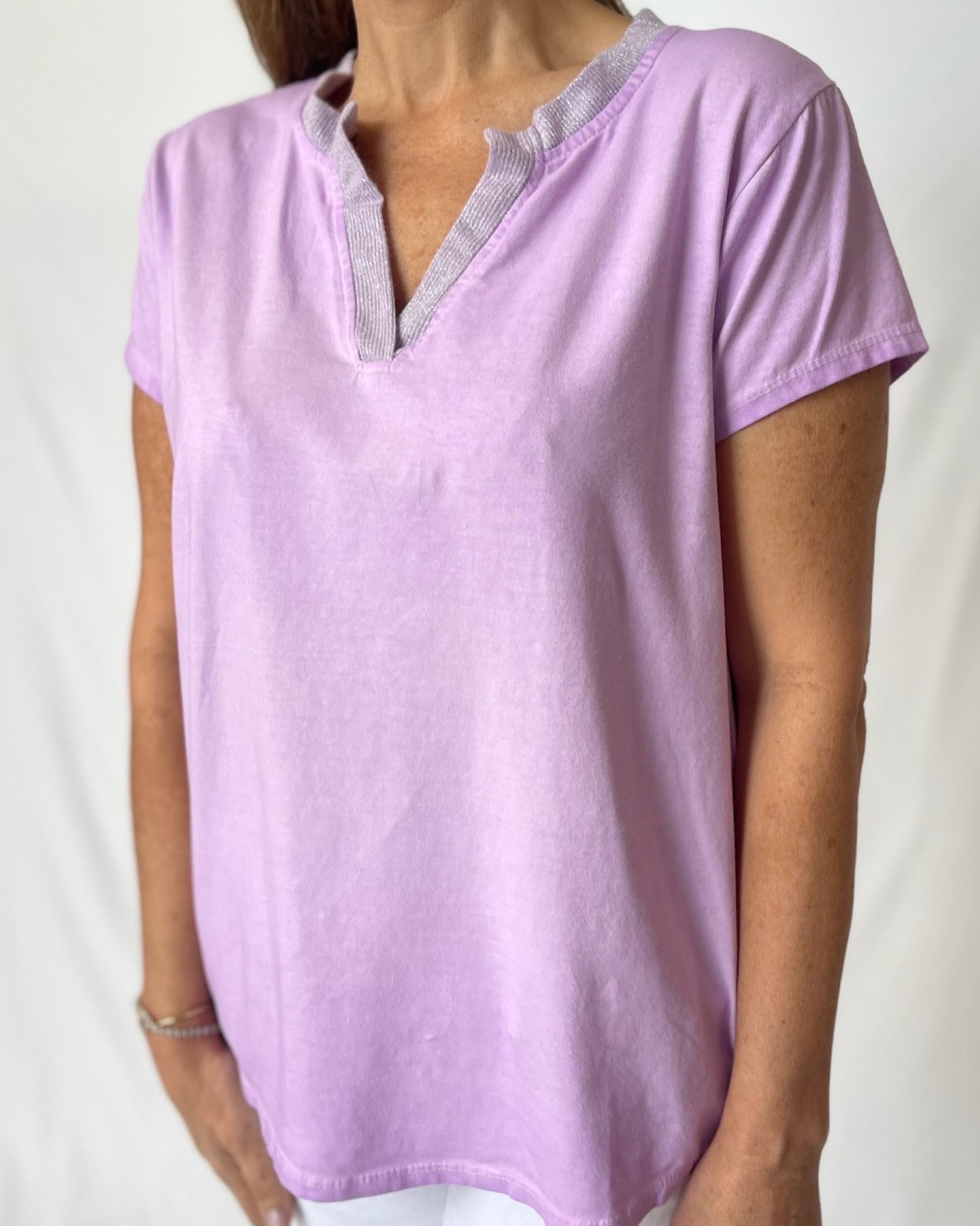 Cotton Top w V Neck Lurex -Lilac