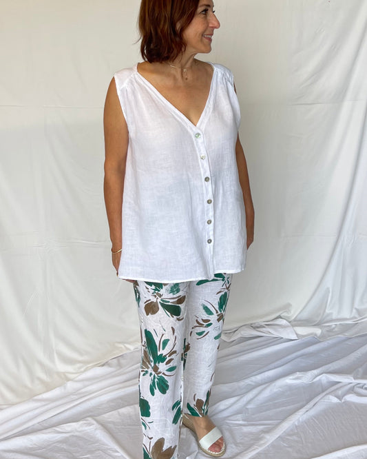 Floral Linen Pant - White