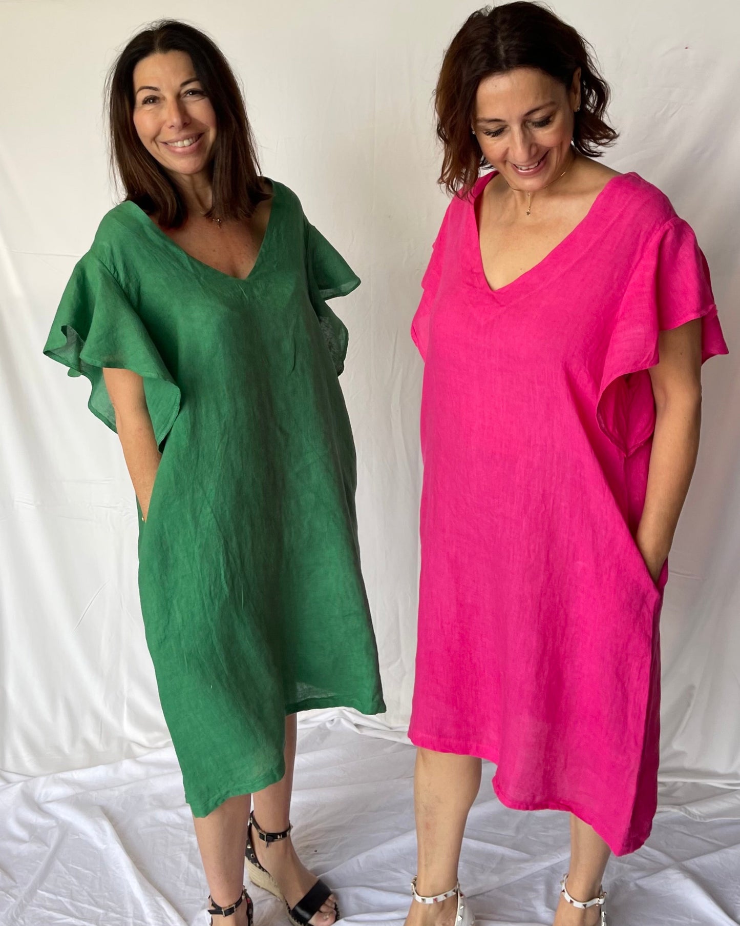 Frill Sleeve Dress Linen - Fuschia