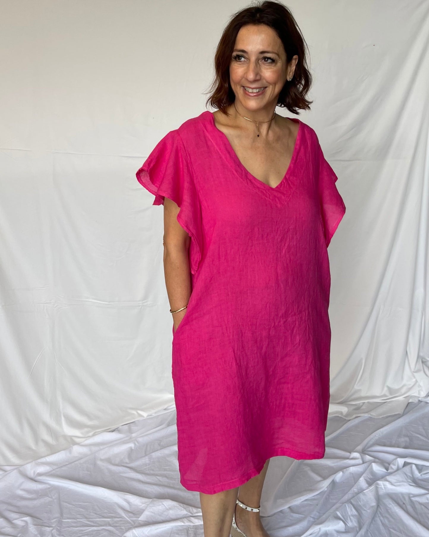 Frill Sleeve Dress Linen - Fuschia