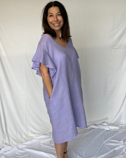 Frill Sleeve Dress Linen - Lilac