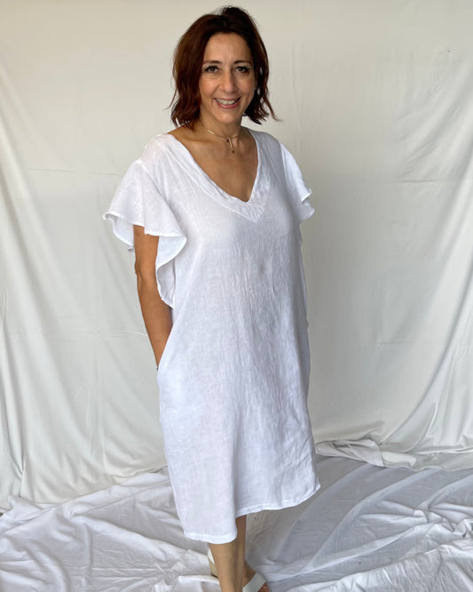 Frill Sleeve Dress Linen - White