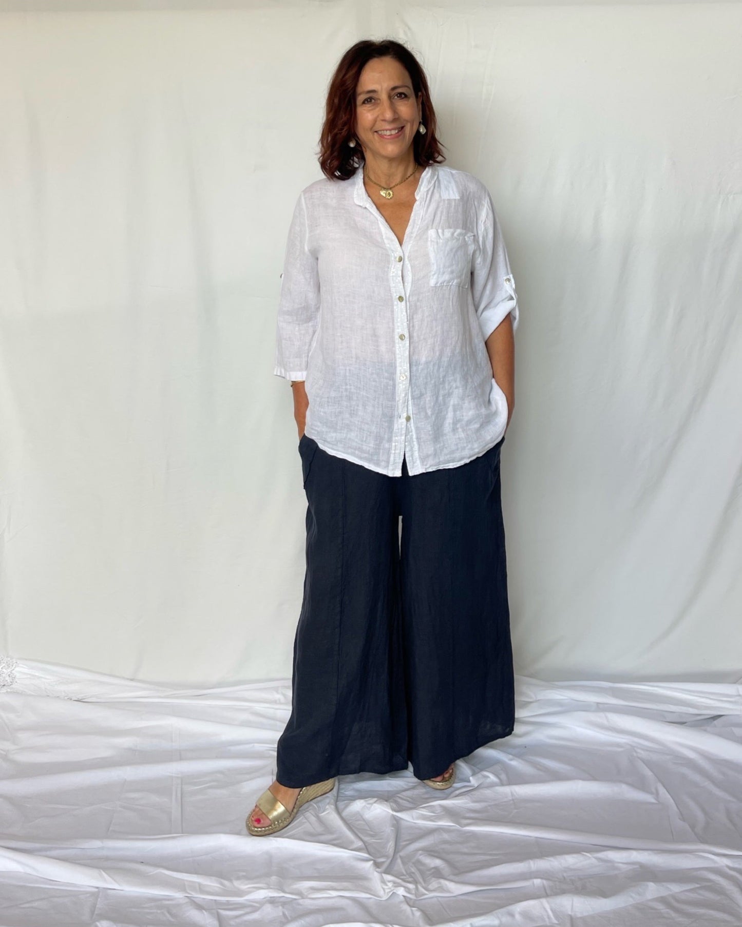 Linen Wide Leg Pant - Navy