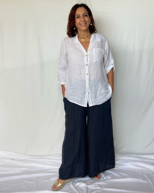 Linen Wide Leg Pant - Navy