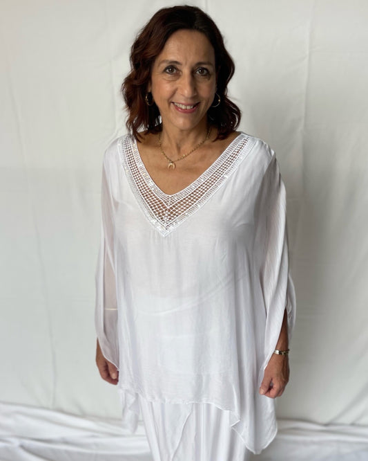 V Neck Silk Top with Sequin Trim - White